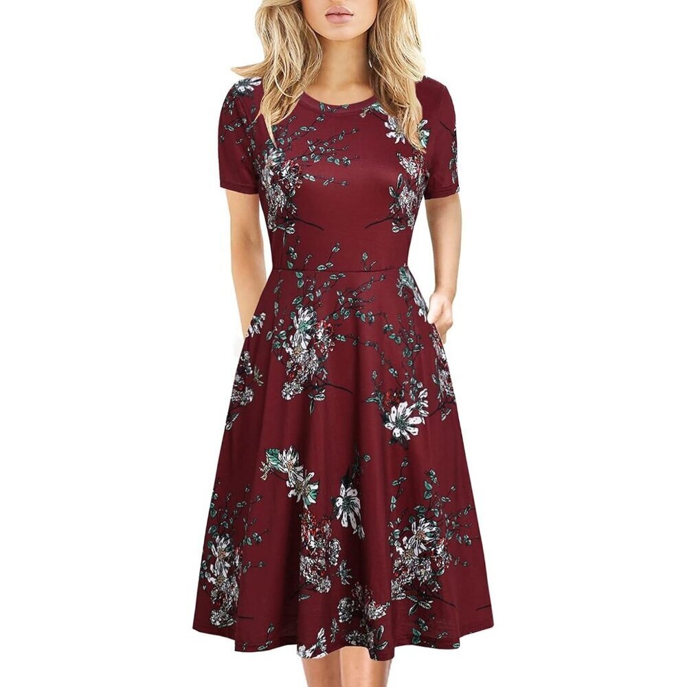 Women's Burgundy Elegant Knee Length Vintage A-Line Swing Dress with Pockets